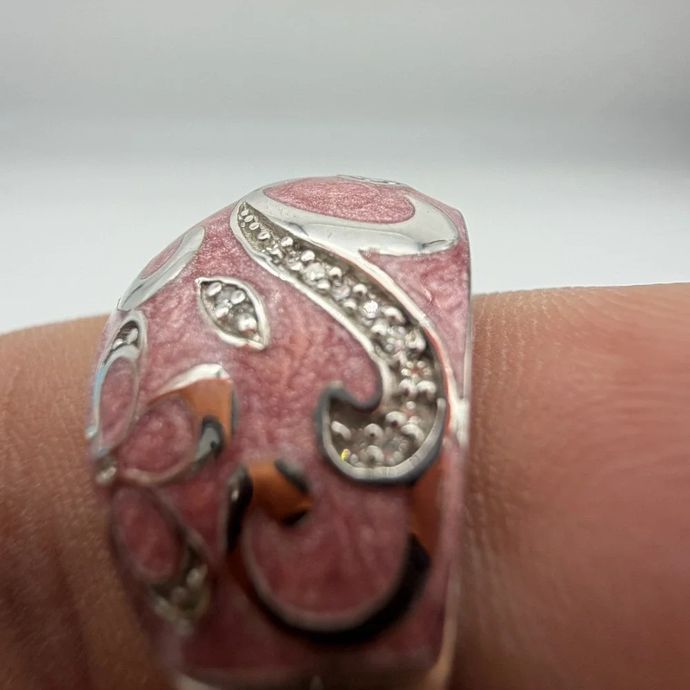 Vtg QVC Designer JWBR Sterling Silver Diamond Ring Floral Pink Enamel Sz7.25